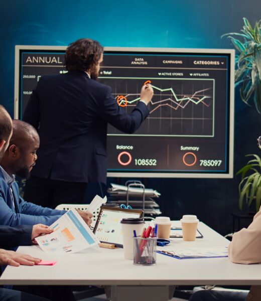 Business team collaborating on corporate culture initiatives development, discussing values alignment and cultural integration efforts to strengthen organizational identity and cohesion. Camera B.